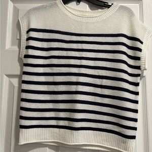 LOFT White and Black Striped Crew Neck Sweater
